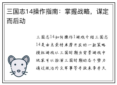 三国志14操作指南：掌握战略，谋定而后动